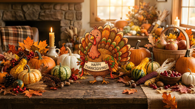 Autumn harvest table setting with pumpkins and gourds. 
