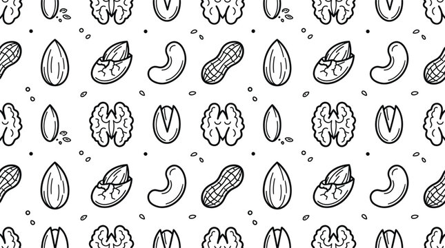 Healthy nuts seamless pattern and organic snacks linear background with walnut almond cashew peanut pistachio vector