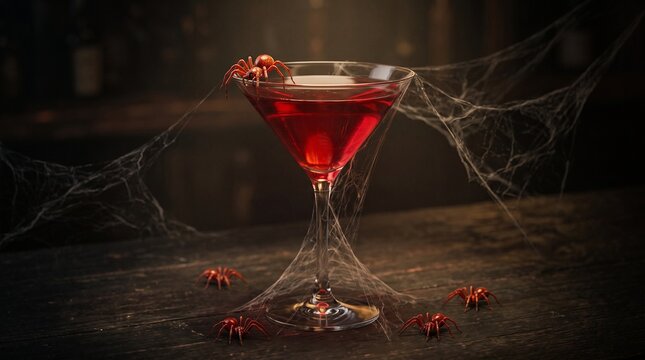 Spooky halloween cocktail glass with red liquid and spider decorations