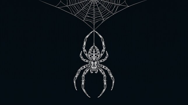 Detailed illustration of a spider hanging from a web on black background