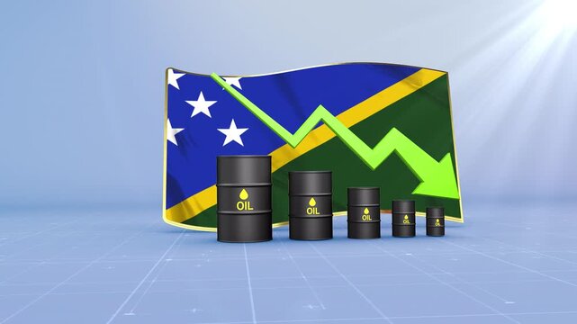 Solomon Islands Oil Price Falling with Oil Barrels Downward Green Arrow and 3D Financial Data Visualization Graphs for Economy and Business Concept