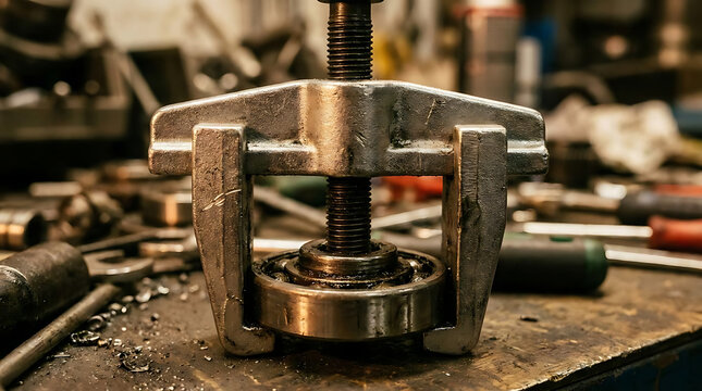 Metal puller removing ball bearing on messy workshop workbench