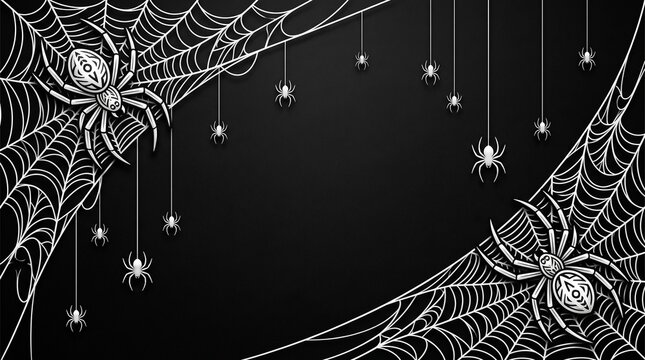 Halloween background with spiders and webs in corners on black