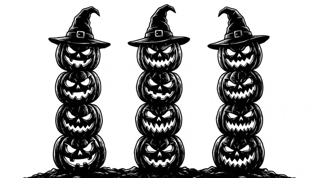 Three stacks of spooky carved halloween pumpkins wearing witch hats