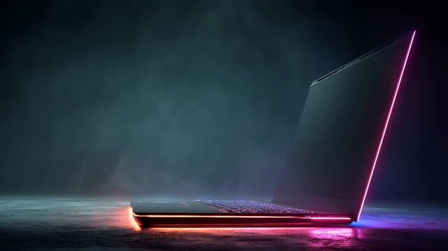 Powerful gaming notebook with colorful changing rgb lights standing on a concrete floor in a dark room