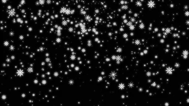 4k glowing snow flakes falling down loop animation on black background for holiday video effects