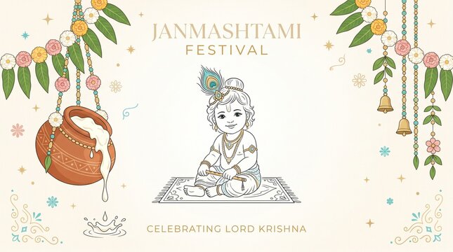 Happy janmashtami matki and bansuri with lord krishna illustration banner post design
