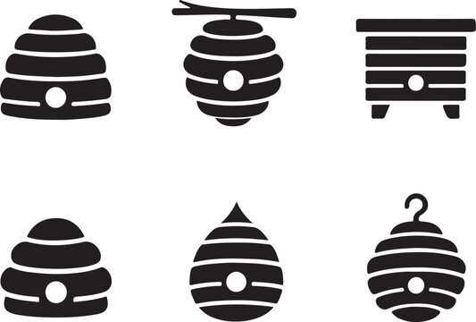 beehive icon set, bee hive vector symbols, simple apiary logo design elements for honey packaging and farm branding silhouette vector