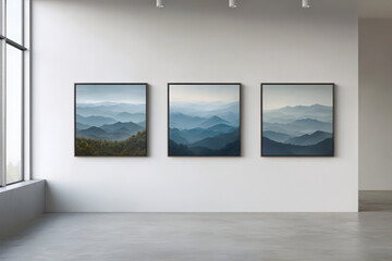 Fototapeta premium Three modern abstract landscape paintings on gallery wall isolated on transparent background