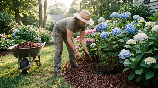 Gardener applying bark mulch around blooming hydrangeas in landscaped garden