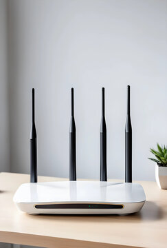 Wireless router with four antennas on office desk