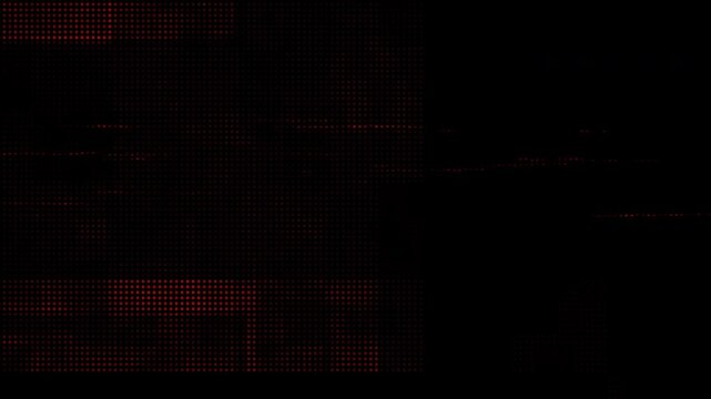 Dark red digital glitch noise abstract background animations. Flickering LED screen halftone dot pattern texture overlay elements. Cyber hacker data corruption technology failure visual effects loops