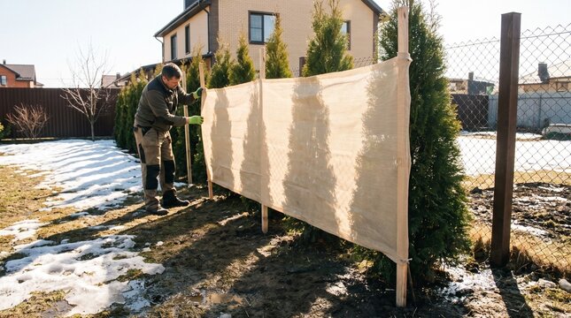 Gardener installing burlap shade screen to protect evergreen hedge from winter sun