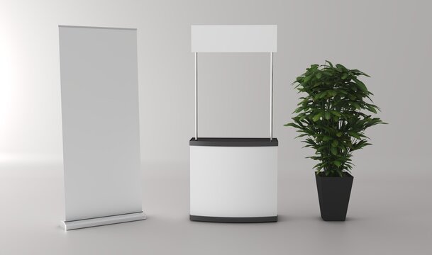 Trade show promo stand mockup. Modern trade show promotional stand with a clean kiosk design, perfect for exhibitions, retail promotions, corporate branding, product launches, and marketing events.
