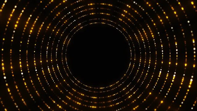 Golden dotted circle tunnel concentric glowing rings, central void, sparkling lights, cinematic depth. luxury intros, award celebration graphics, music visuals, logo reveals, elegant motion overlays.