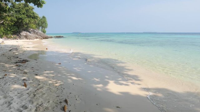 Pristine white sand beach with turquoise waters in Karimunjawa National Park Indonesia, framed by tropical trees and driftwood under calm midday sky