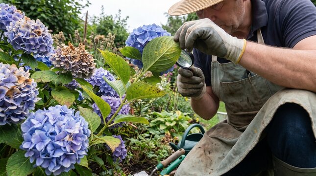 Gardener inspecting hydrangea leaves for pests in flowering garden