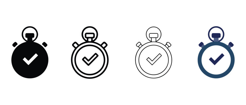 stopwatch icons with check marks indicating completion or success isolated on transparent background