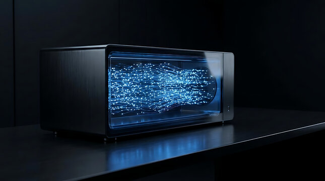 A premium enterprise technology visualization showing a next-generation AI computing workstation where massive volumes of digital information travel through a transparent optical transfer chamber.