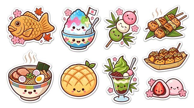 Adorable asian street food stickers collection with japanese dessert vector