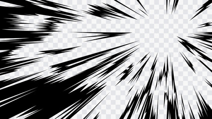 Fototapeta na wymiar Dynamic manga speed lines bursting toward a bright focal point, creating dramatic motion, impact, action, and comic book energy. Isolated vector illustration.