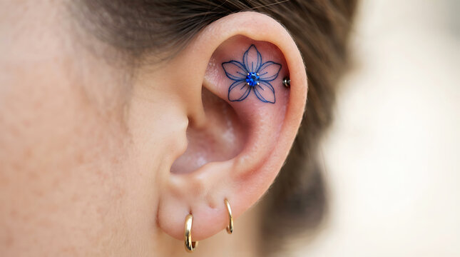 Close-up of human ear with floral tattoo and piercing jewelry