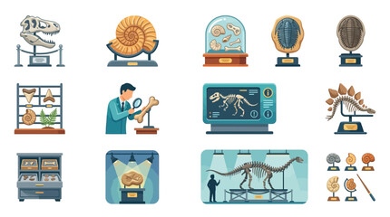 Paleontology museum icons with dinosaur skeletons and fossils vector illustration set © asbun