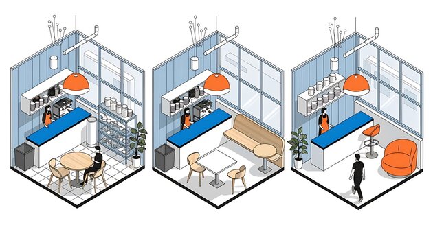 Isometric vector illustration set of modern coffee shop interior design layouts