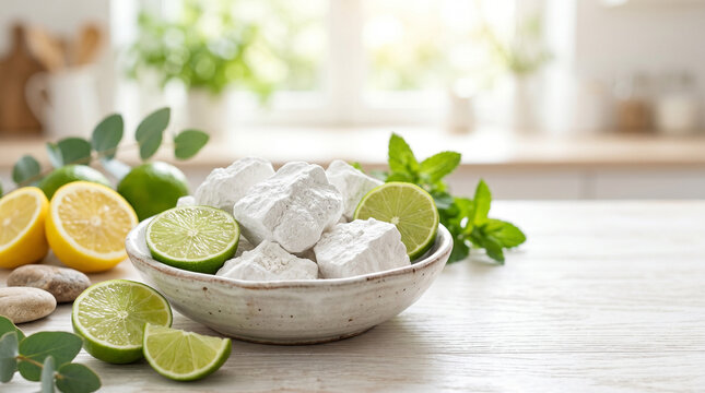 Calcium carbonate white chalky deposit in bowl with lemon and lime  