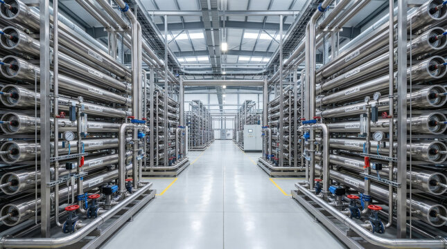 Symmetrical shot of an advanced reverse osmosis water desalination plant, clean stainless steel pipes, high-pressure valves, bright industrial facility, no people