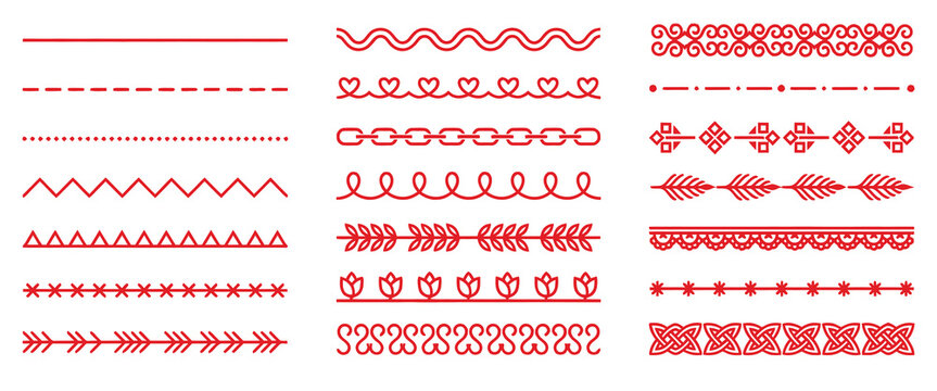 Set of decorative red dividers and borders, handdrawn style elements for page decoration