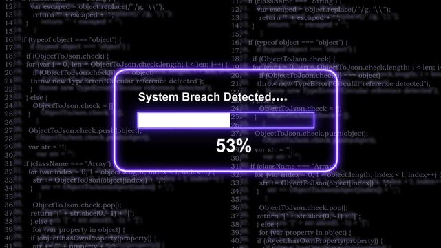 Cyber security system breach detected alert with glowing purple progress bar loading on dark background, screen displaying complex, javascript programming code, for network protection, and digital