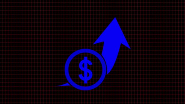 Currency symbol of the dollar appears inside a circular frame with a large rising arrow positioned behind it on a grid background to visualize financial growth and economic success for businesses.