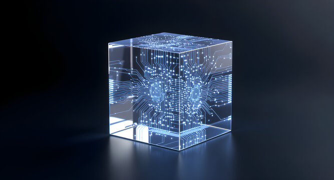 A transparent glass cube filled with glowing circuit lines and data pathways, representing AI processing, digital networks, secure computing, and next-generation technology.

