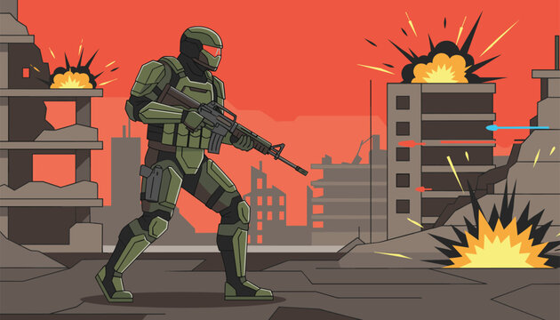 Futuristic soldier with rifle in a war torn city at sunset