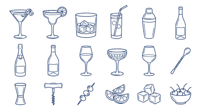 Minimalist cocktail icons set, 18 blue line art bar elements, alcoholic beverage glassware and bartender tools vector, restaurant menu graphics
