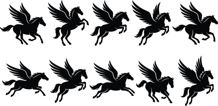 Pegasus flying horse silhouette set, mythical winged stallion vector illustration, ancient greek mythology