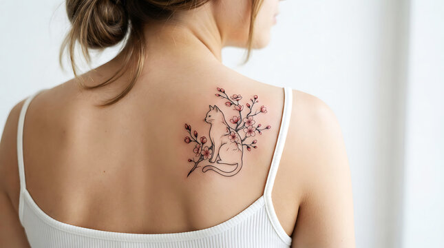 Woman with detailed black cat tattoo on upper back