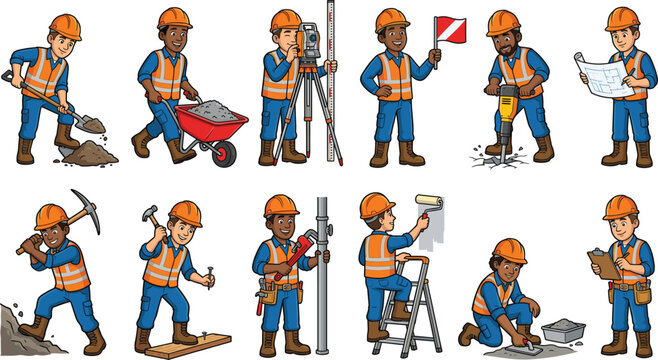 Construction workers cartoon character set, builder handyman builders vector illustration, engineering industry