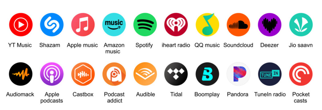Top 20 podcasts and music streaming platforms vector icon collection. popular music app logos set 2026