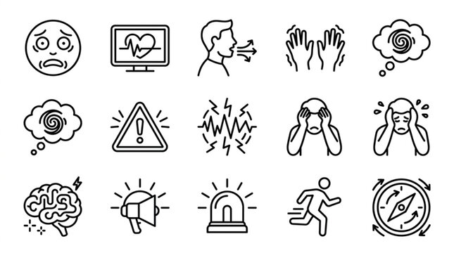 Collection of black and white line art icons for emotions and concepts.