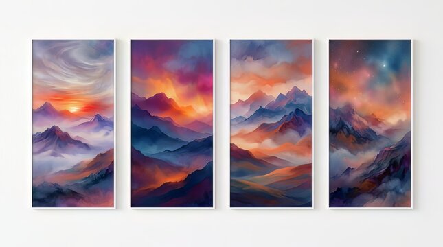 Four vertical framed wall art prints featuring ethereal mountain landscapes with vibrant sunset colors and starry night skies displayed elegantly on a clean white wall surface