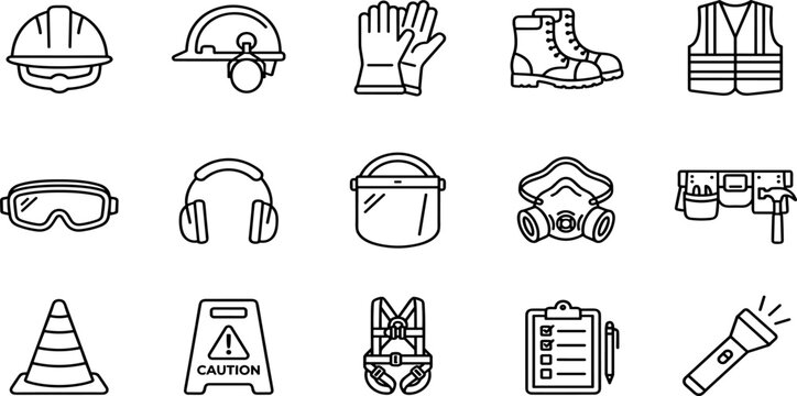 Construction Safety Equipment Line Icon Collection with Hard Hat, Gloves, Safety Boots, Protective Gear, Respirator, Flashlight, and Workplace PPE Symbols