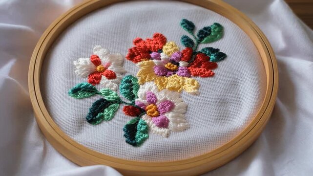 Close-up of vibrant floral embroidery on white fabric within a wooden hoop, motion subtle static shot, symbolizing artistry, handmade crafts, and decorative needlework.