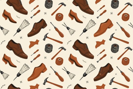 Seamless pattern featuring brown leather shoes, cobbler hammers, wooden awls, and spools of thread on a light beige background texture