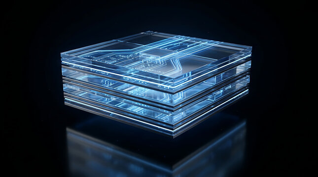 A futuristic business technology visualization featuring a massive floating monolithic computing block made from millions of microscopic illuminated circuits and transparent electronic layers.