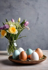 Fototapeta premium Decorative Easter eggs with spring flowers in jar