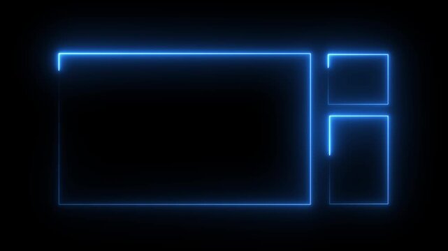 Glowing Neon Blue Multi Window Frame Layout Loop Animation, Futuristic UI HUD Streaming Overlay Box Border on Black Background Asset