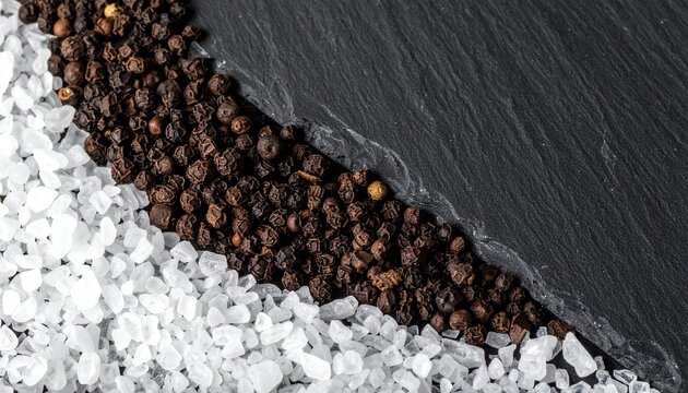 Coarse Sea Salt and Black Peppercorns on a Slate Surface