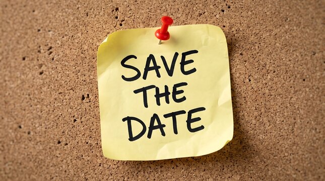 Save the Date message on yellow sticky note, pinned paper on cork board background, reminder note for wedding or event planning